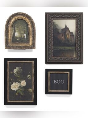Halloween Petal Lane Vintage Framed Ghost haunted house BOO white rose Wall Art